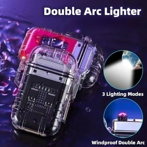 Transparent plastic dual arc lighter with USB charging port and side activation button