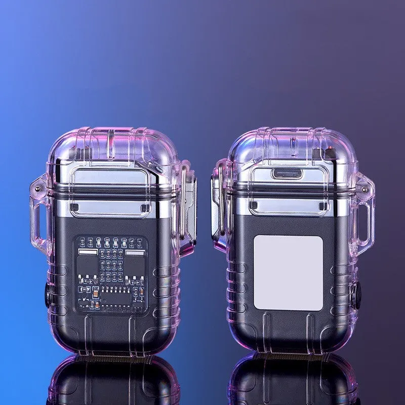 Transparent plastic dual arc lighter with USB charging port and side activation button