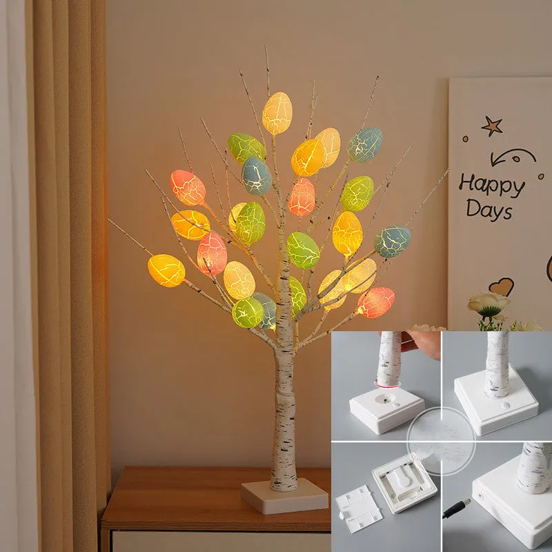 60cm white LED birch tree light with black bark lines and cracked egg ornaments on adjustable branches