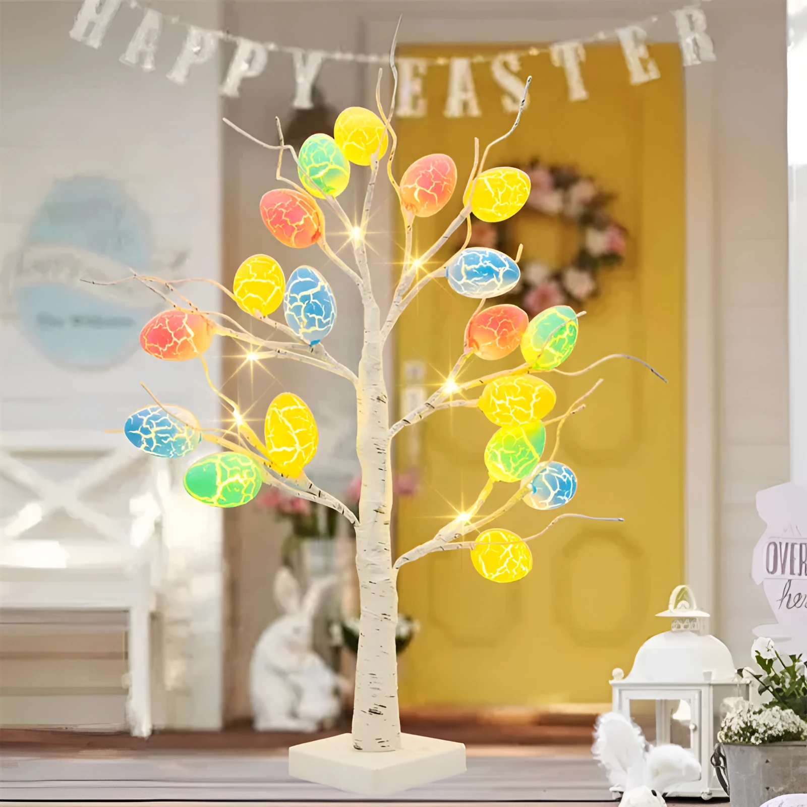 60cm white LED birch tree light with black bark lines and cracked egg ornaments on adjustable branches