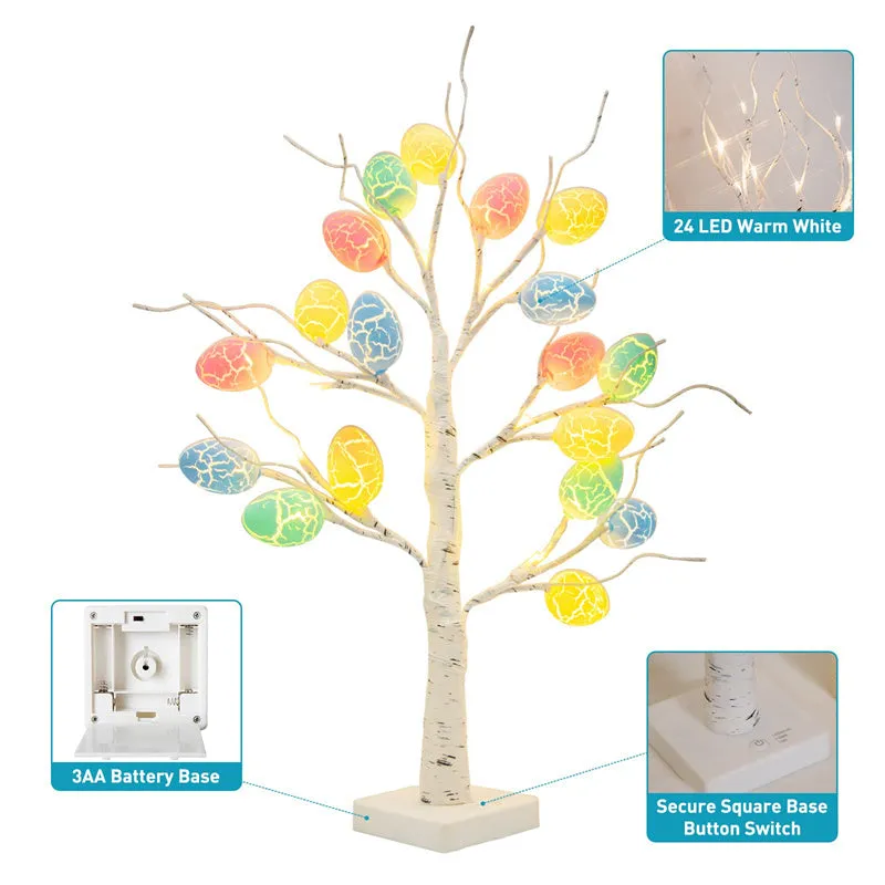 60cm white LED birch tree light with black bark lines and cracked egg ornaments on adjustable branches
