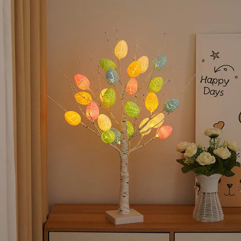 60cm white LED birch tree light with black bark lines and cracked egg ornaments on adjustable branches