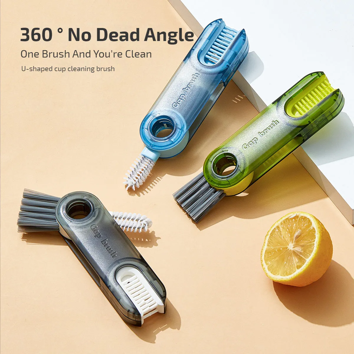 3-in-1 tiny bottle cup cover brush straw cleaner tool in transparent green, showing spiral brush and bevel corner design