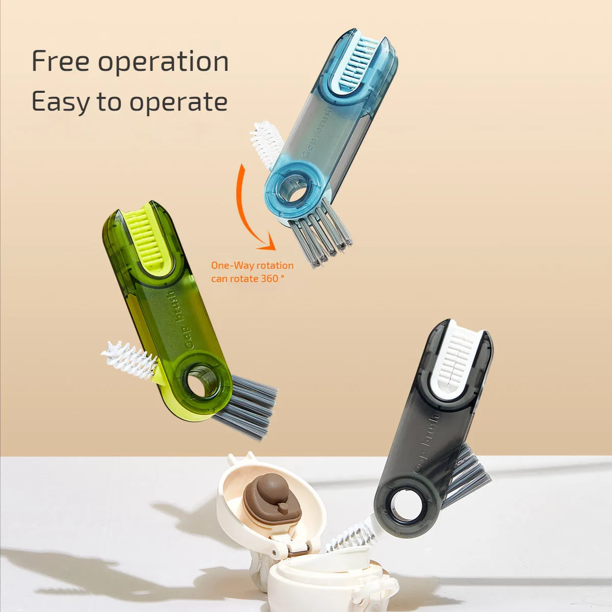 3-in-1 tiny bottle cup cover brush straw cleaner tool in transparent green, showing spiral brush and bevel corner design