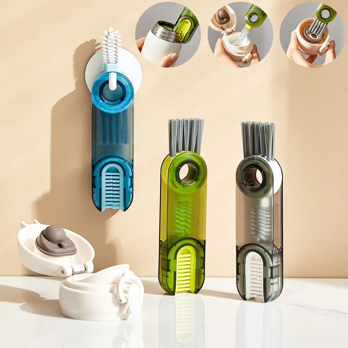 3-in-1 tiny bottle cup cover brush straw cleaner tool in transparent green, showing spiral brush and bevel corner design