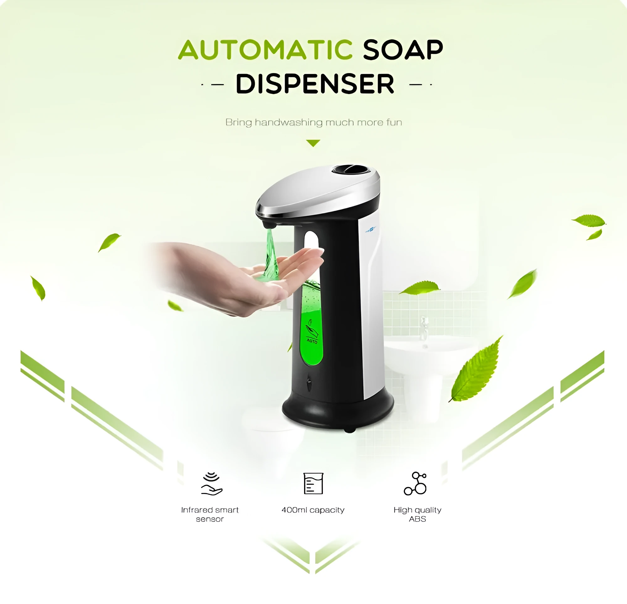 Black automatic sensor-operated liquid soap dispenser with 400ml capacity on a bathroom counter.