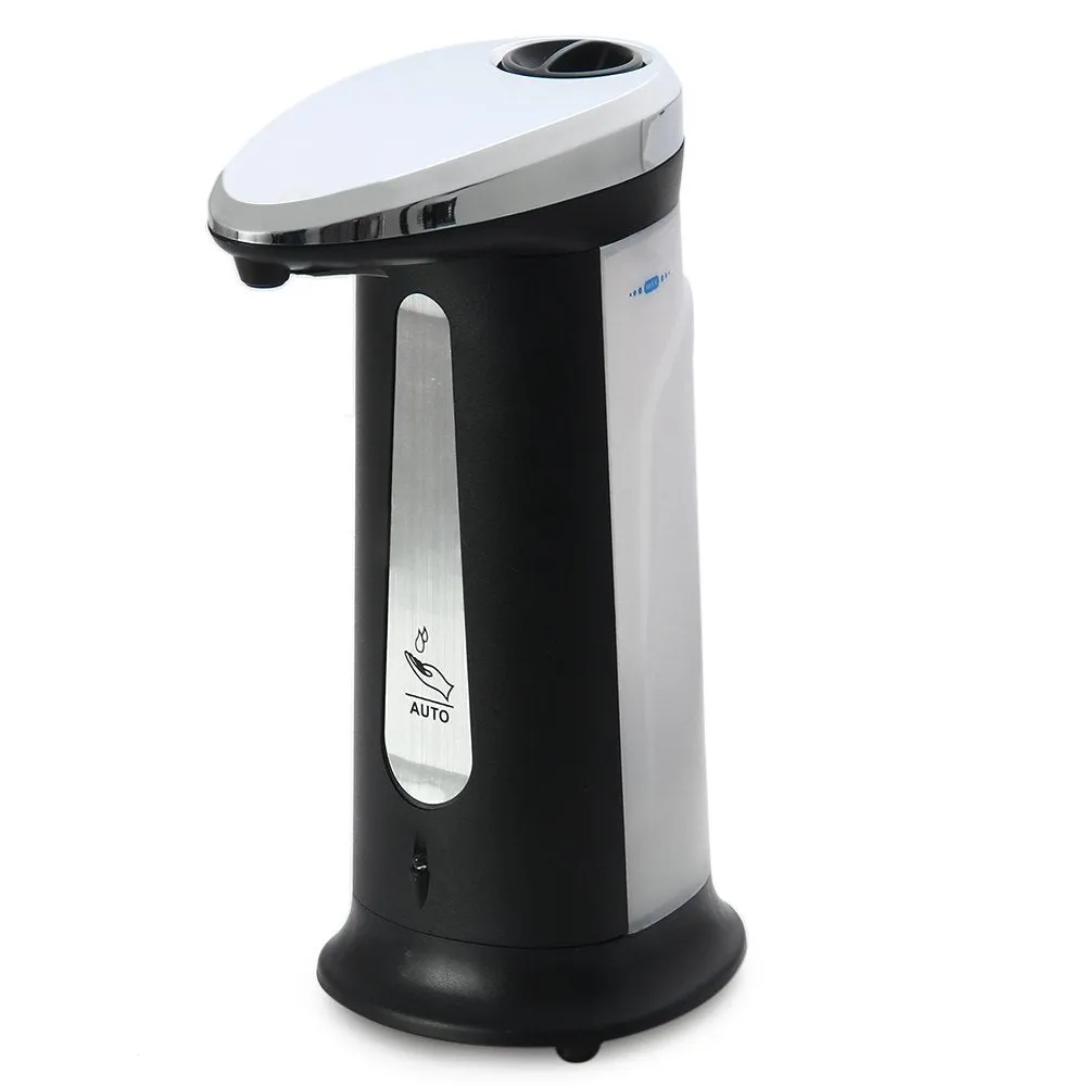 Black automatic sensor-operated liquid soap dispenser with 400ml capacity on a bathroom counter.