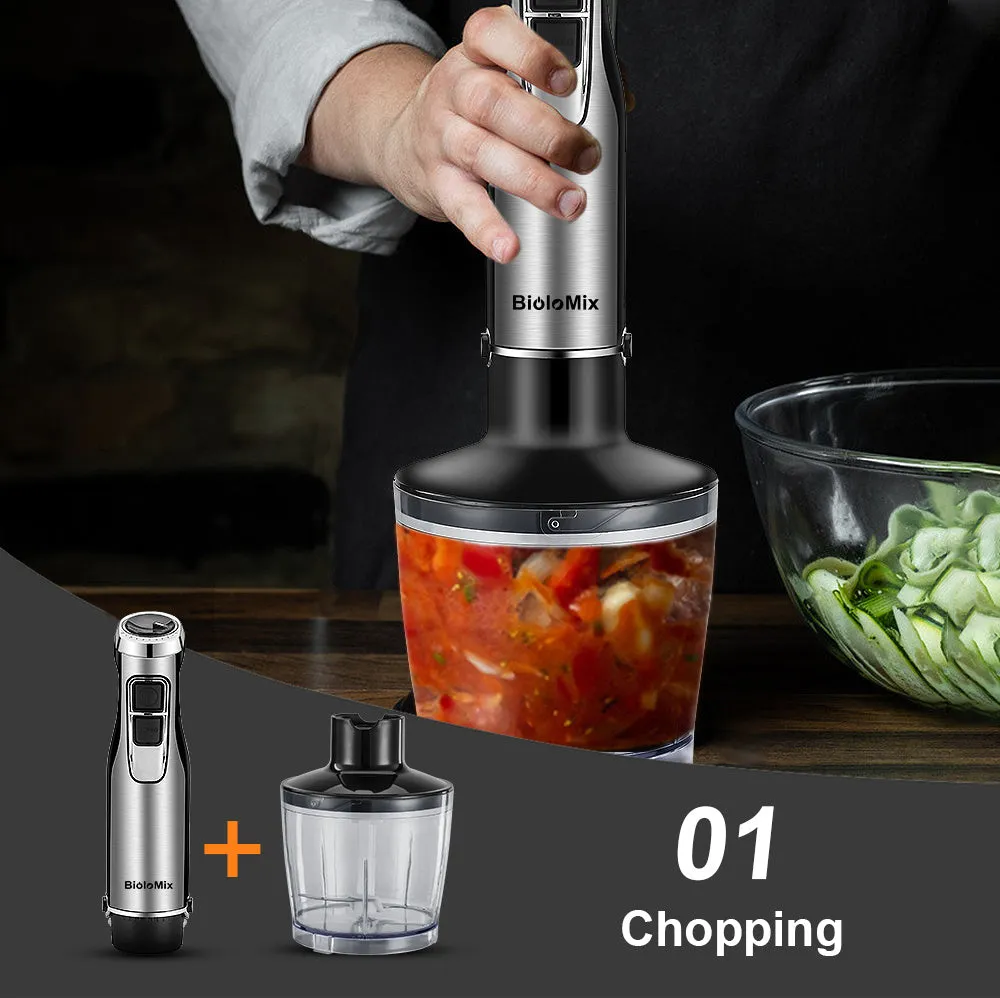 Biolomix silver hand blender with stainless steel attachments including whisk, chopper bowl, and blending beaker