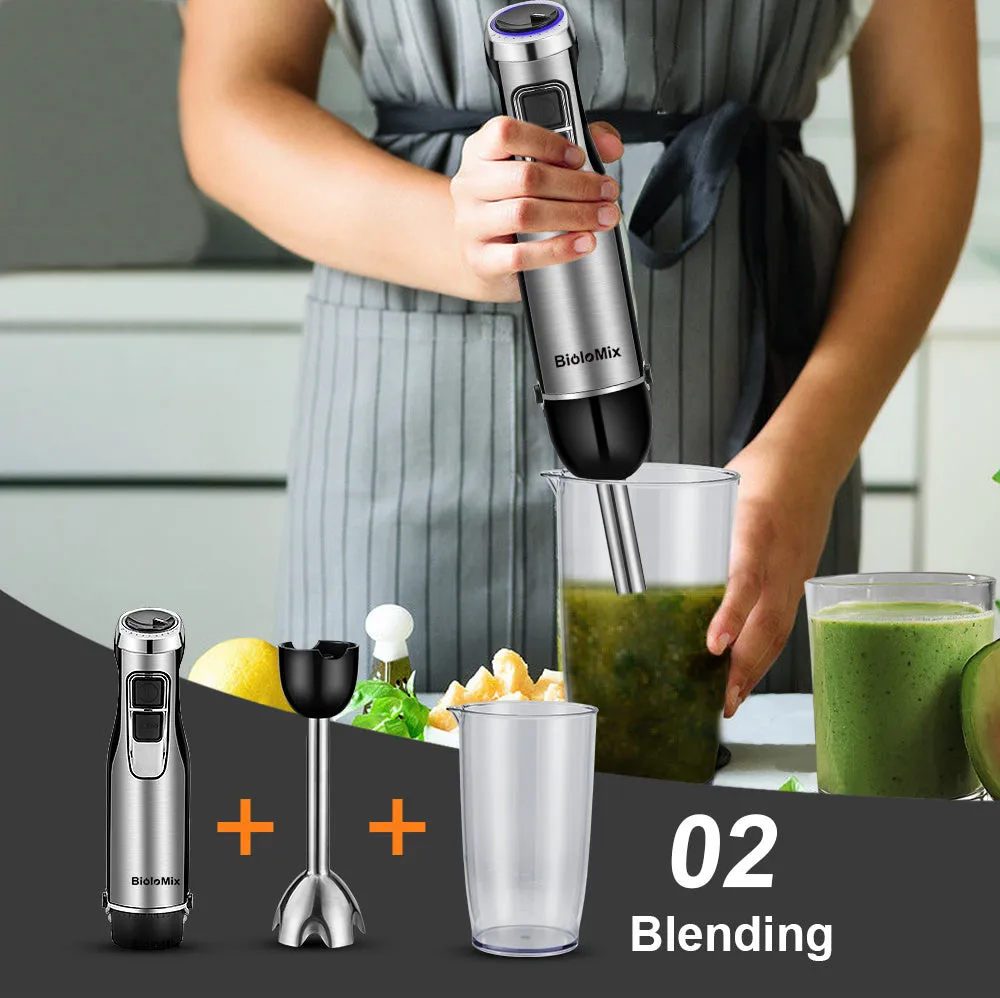 Biolomix silver hand blender with stainless steel attachments including whisk, chopper bowl, and blending beaker