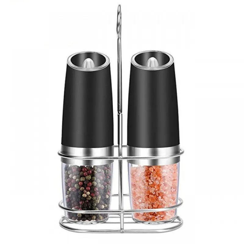 Electric gravity pepper grinder in matte black or silver with adjustable coarseness knob and acrylic bottle