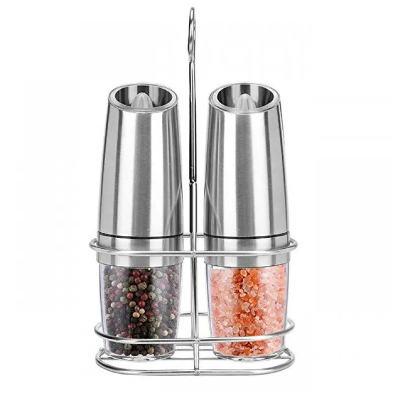 Electric gravity pepper grinder in matte black or silver with adjustable coarseness knob and acrylic bottle