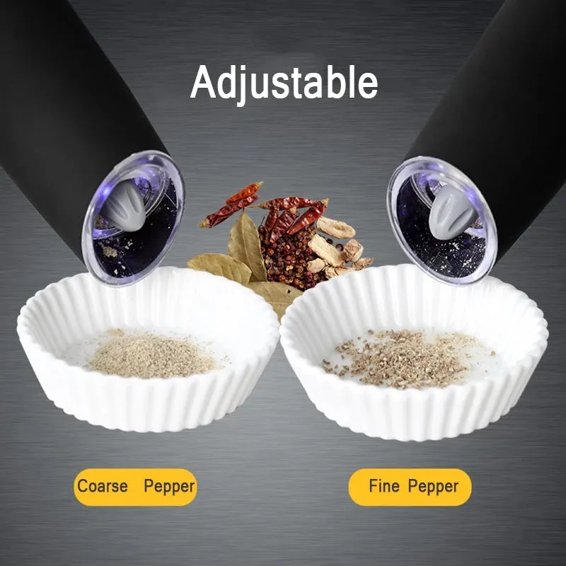 Electric gravity pepper grinder in matte black or silver with adjustable coarseness knob and acrylic bottle