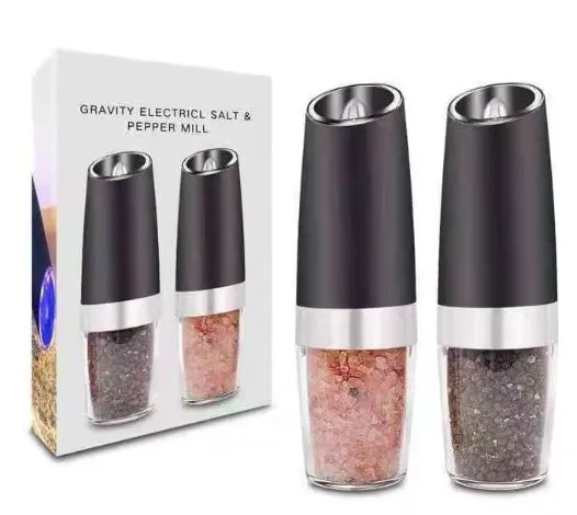 Electric gravity pepper grinder in matte black or silver with adjustable coarseness knob and acrylic bottle