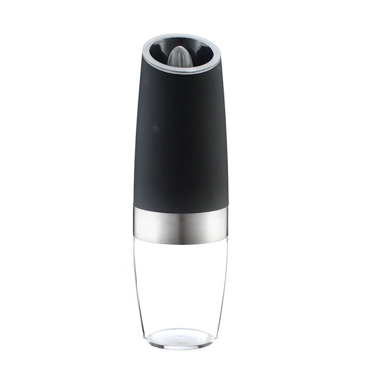 Electric gravity pepper grinder in matte black or silver with adjustable coarseness knob and acrylic bottle