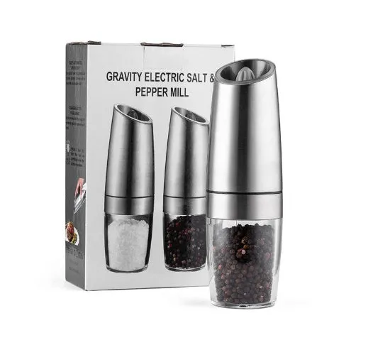 Electric gravity pepper grinder in matte black or silver with adjustable coarseness knob and acrylic bottle