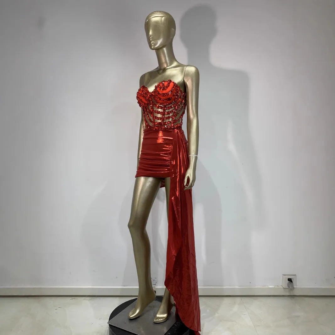 Red mesh stage costume skirt suit with hollow see-through design for banquet performances