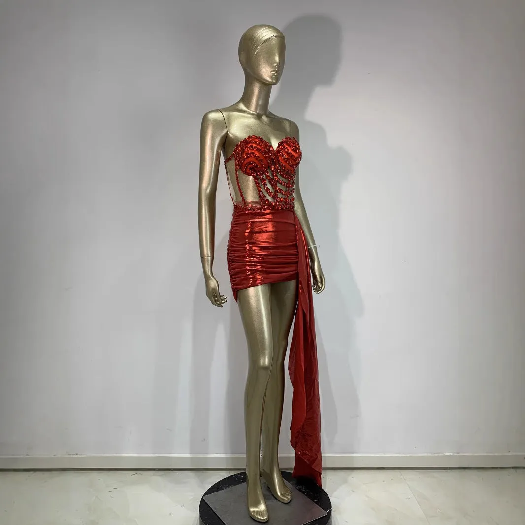 Red mesh stage costume skirt suit with hollow see-through design for banquet performances
