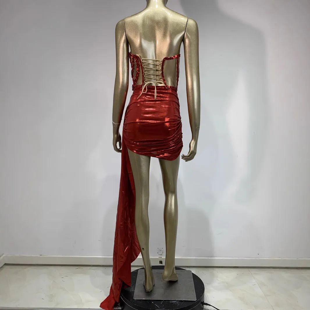 Red mesh stage costume skirt suit with hollow see-through design for banquet performances