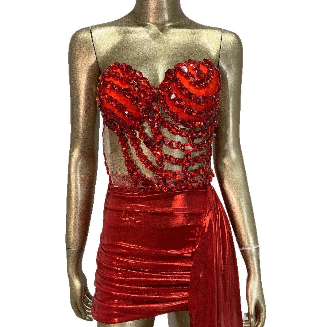 Red mesh stage costume skirt suit with hollow see-through design for banquet performances