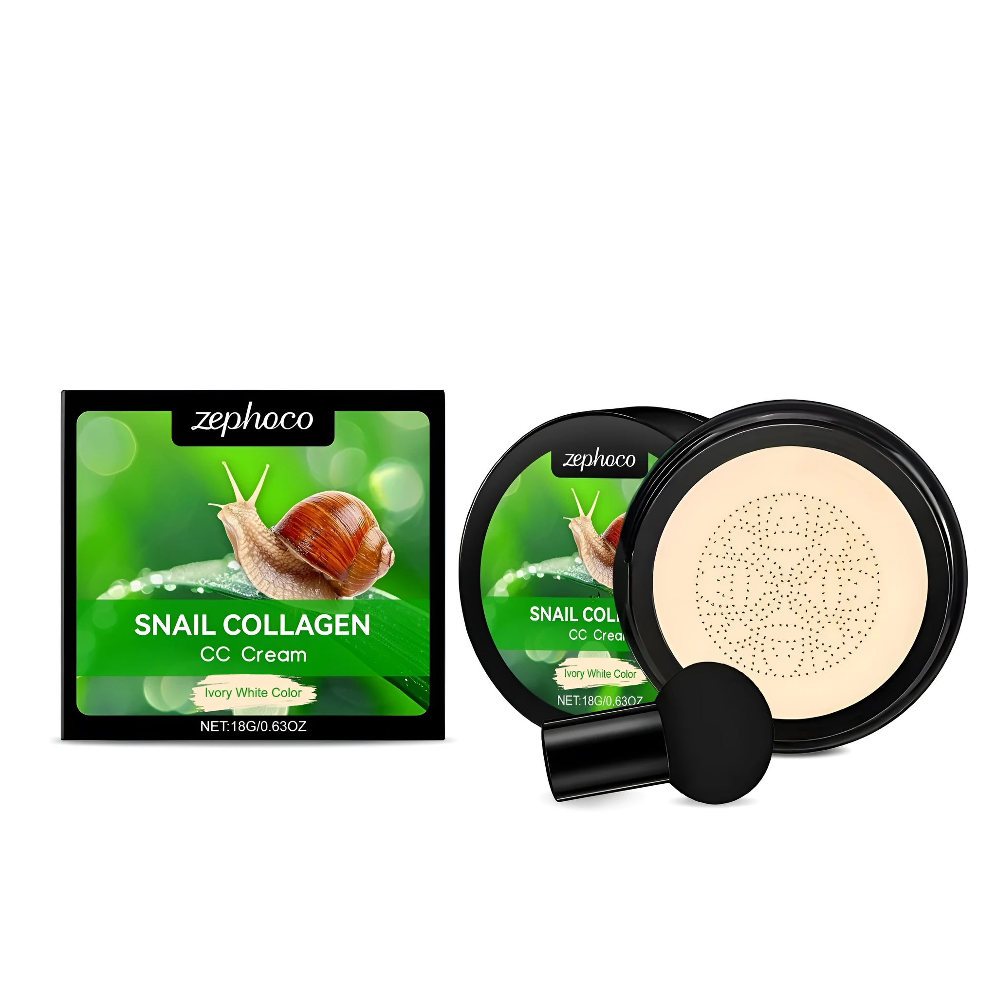 ZEPHOCO CC cream 18g tube and mushroom powder puff in Ivory White and Natural colour shades.