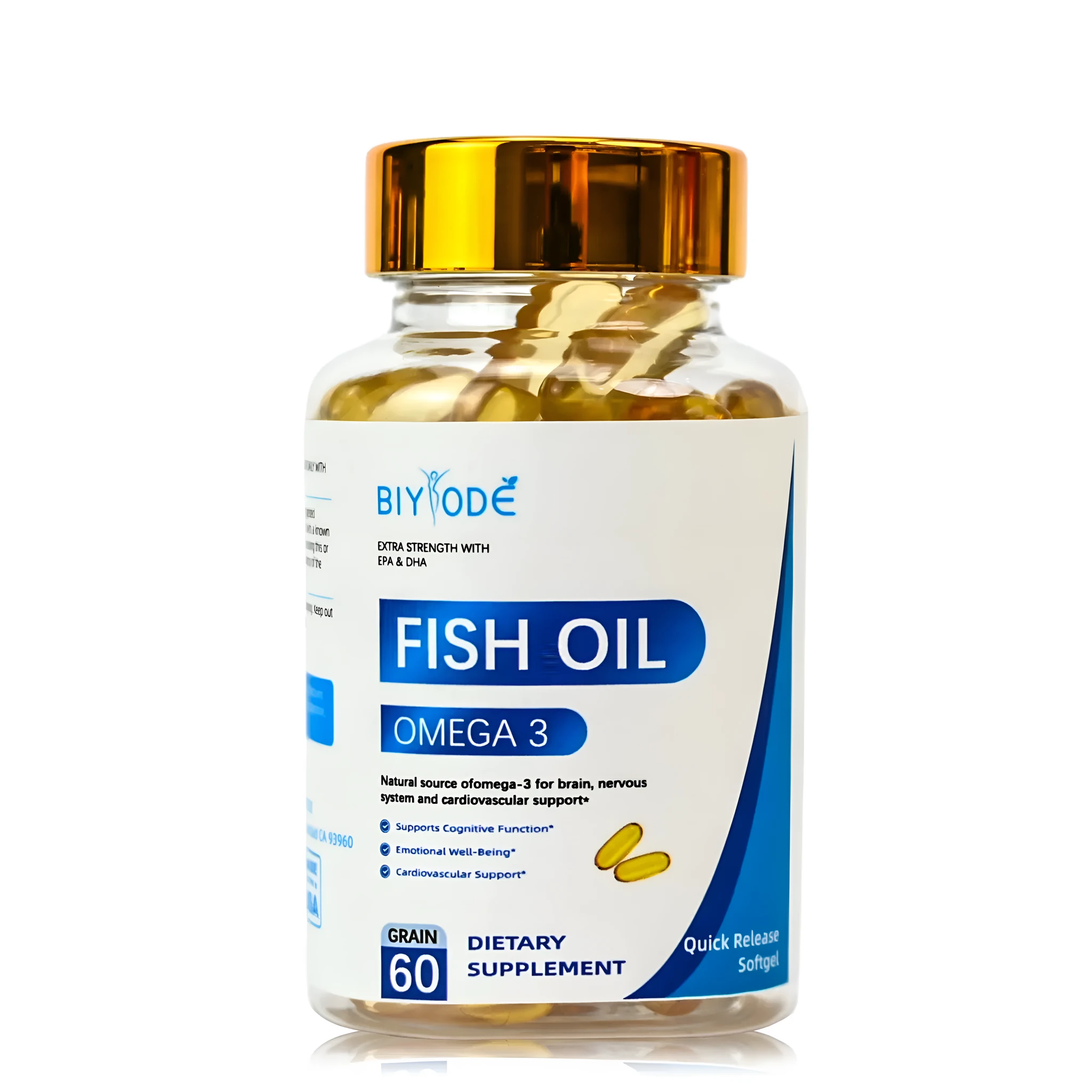Jiabeikang omega-3 fish oil softgel capsules in a bottle, 60 count, for brain and heart support