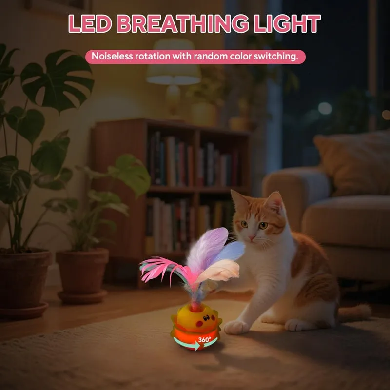 Pink interactive automatic cat feather toy with LED lights, chirping sound, and 360° rotation for indoor cats.