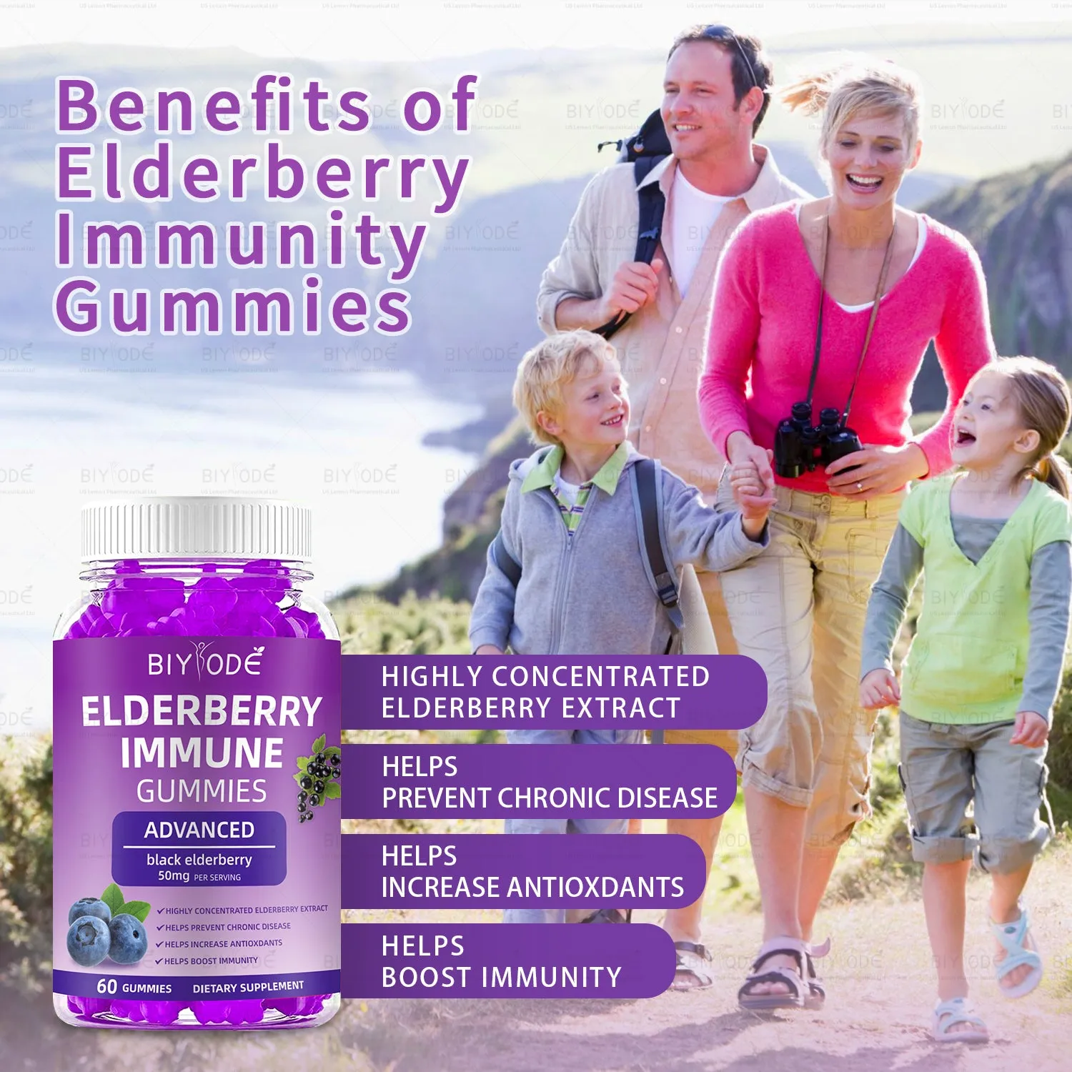 Bottle of 60 black elderberry gummies with zinc vitamin C and D for immune health