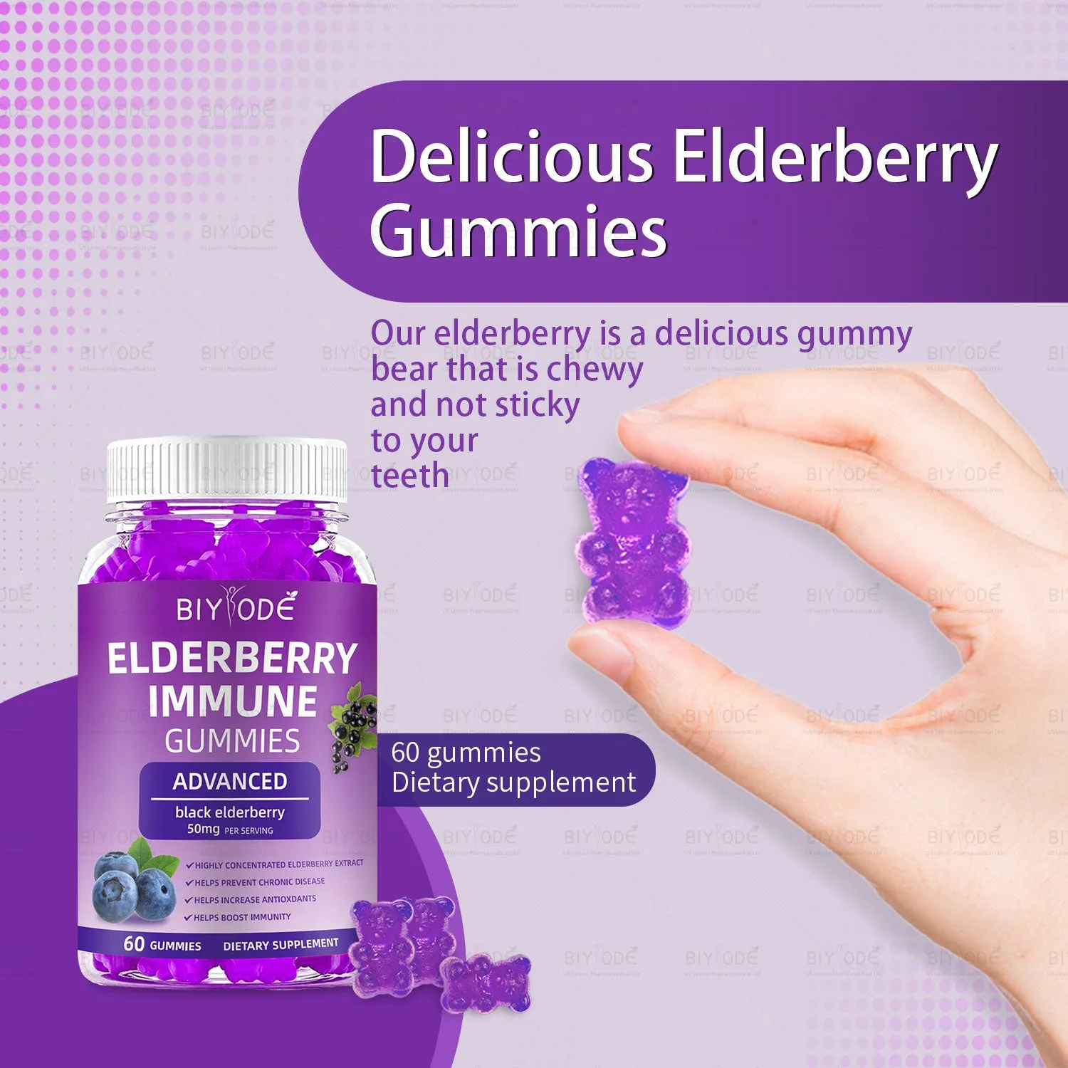 Bottle of 60 black elderberry gummies with zinc vitamin C and D for immune health