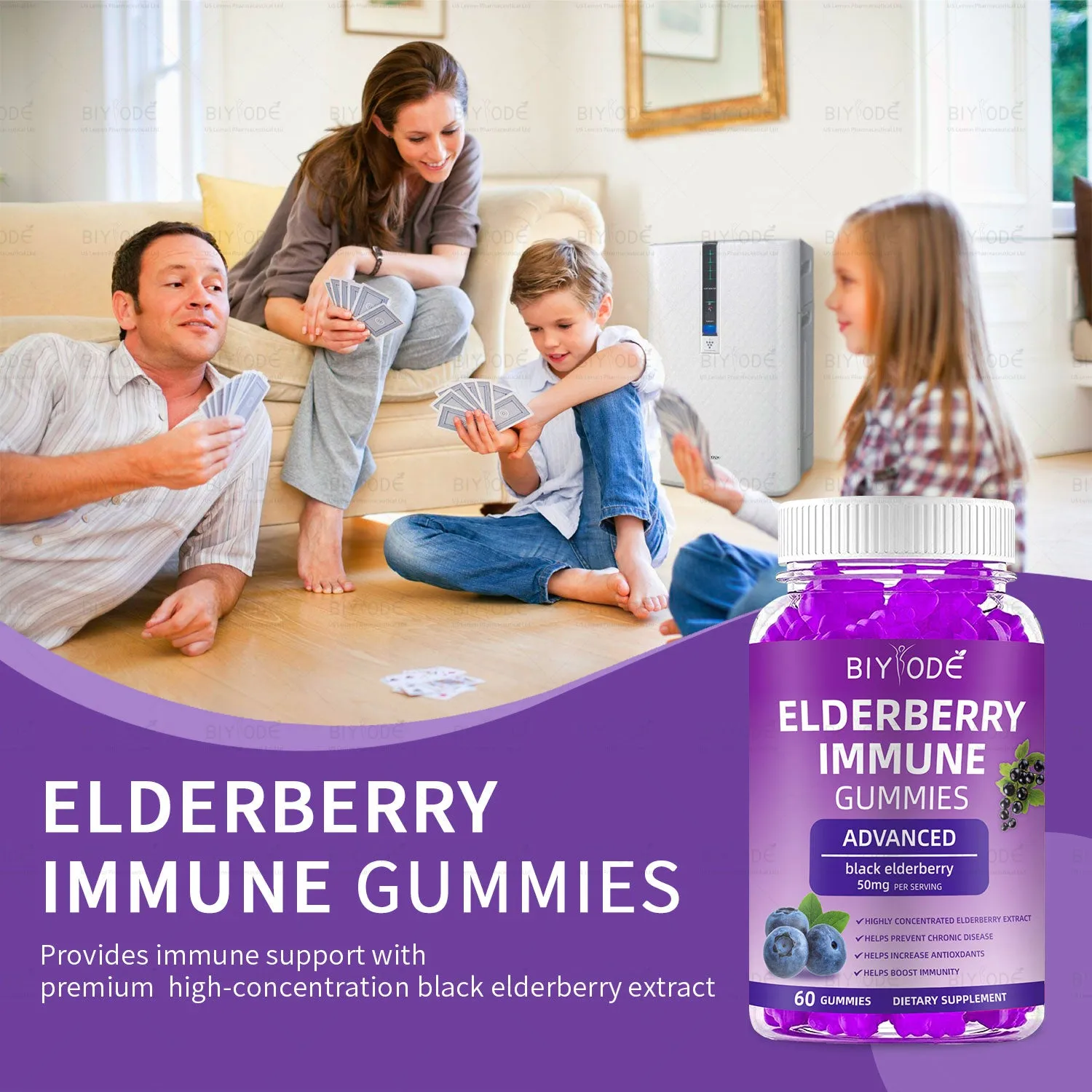 Bottle of 60 black elderberry gummies with zinc vitamin C and D for immune health