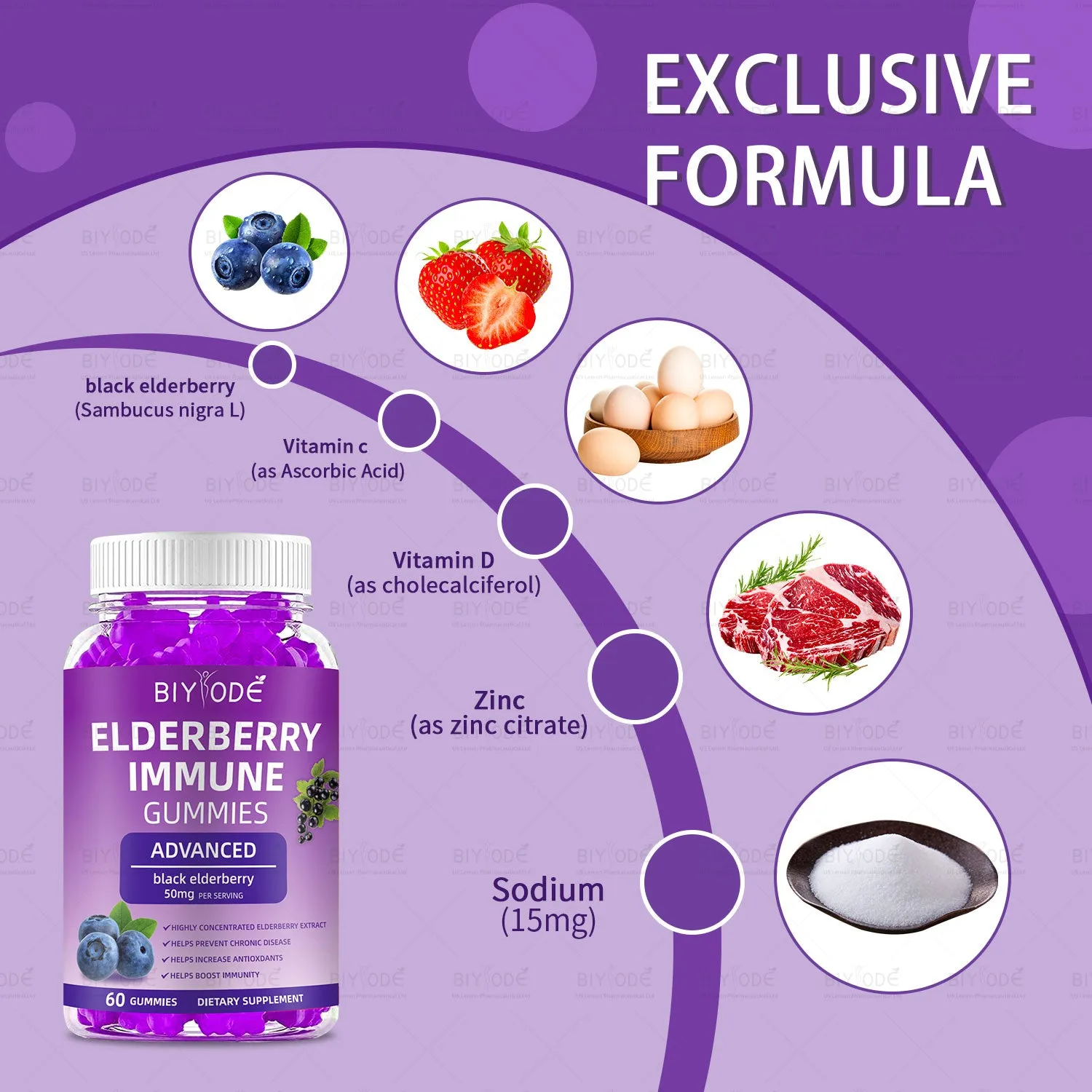 Bottle of 60 black elderberry gummies with zinc vitamin C and D for immune health