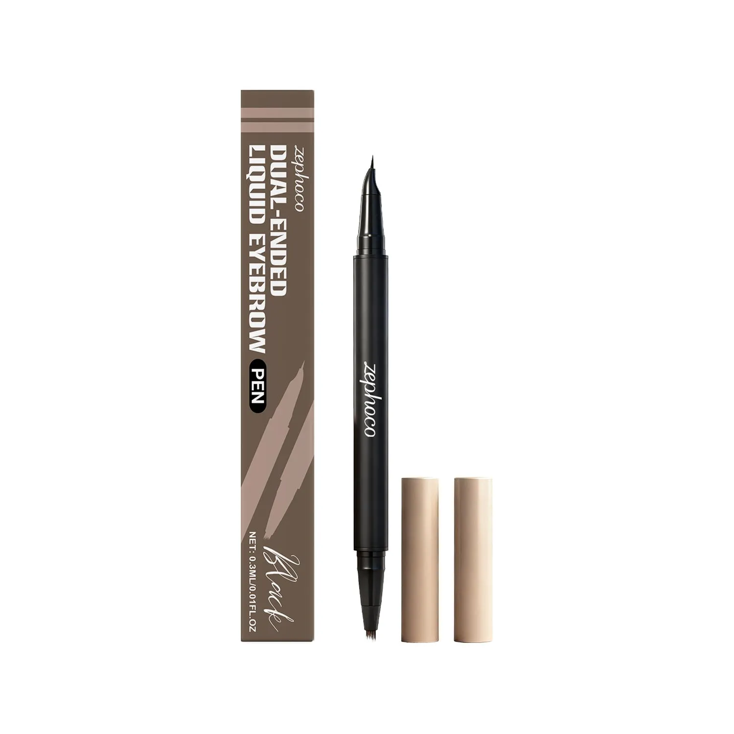Dual-Ended Liquid Eyebrow Pen in brown shade with fine tip applicator for precise brow shaping