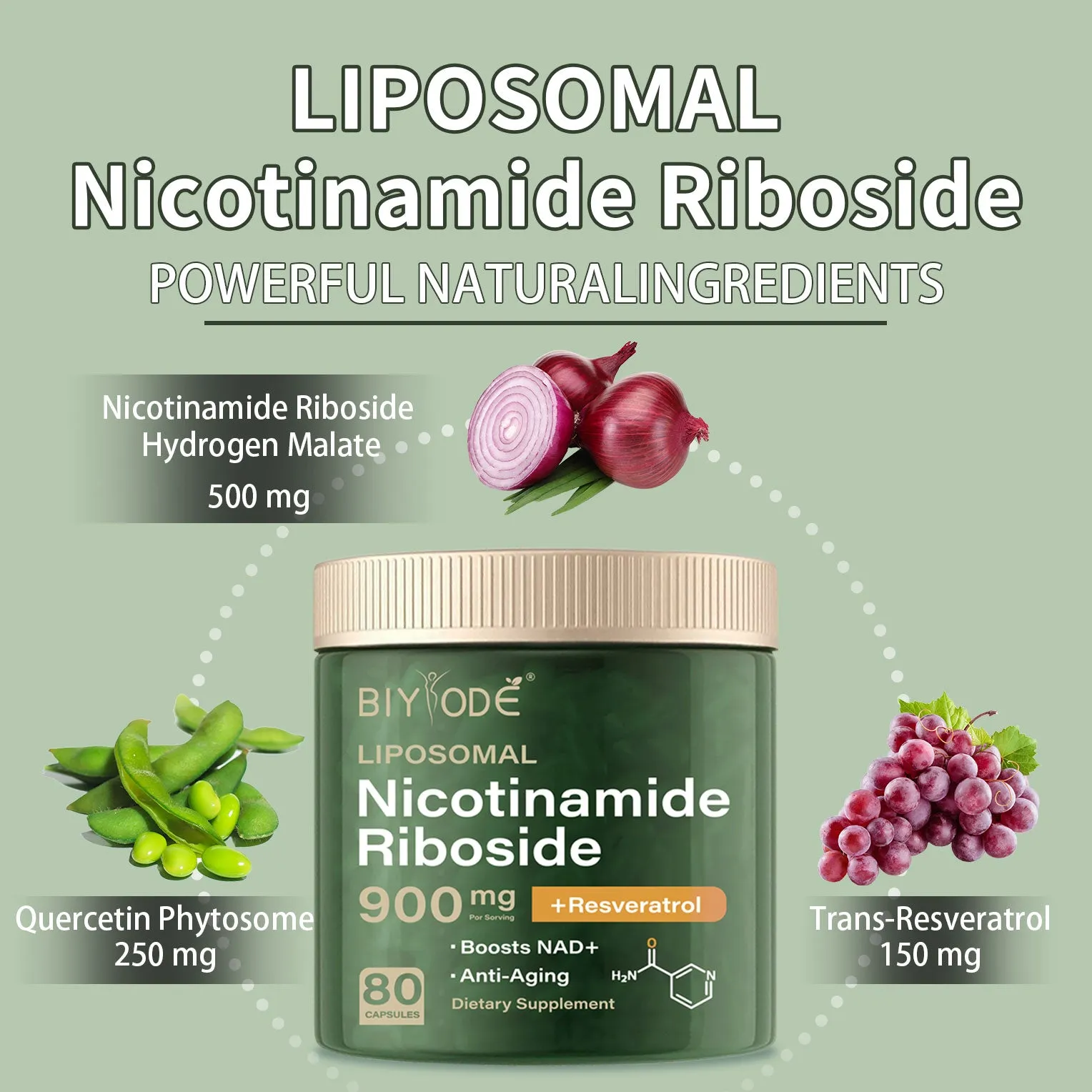 Bottle of 80 nicotinamide riboside NAD supplement capsules for adult immunity and anti-aging support