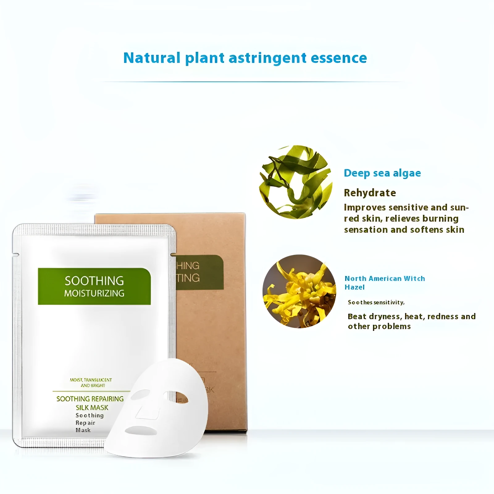 White silk facial mask for sensitive skin with 25g moisturising formulation in box packaging