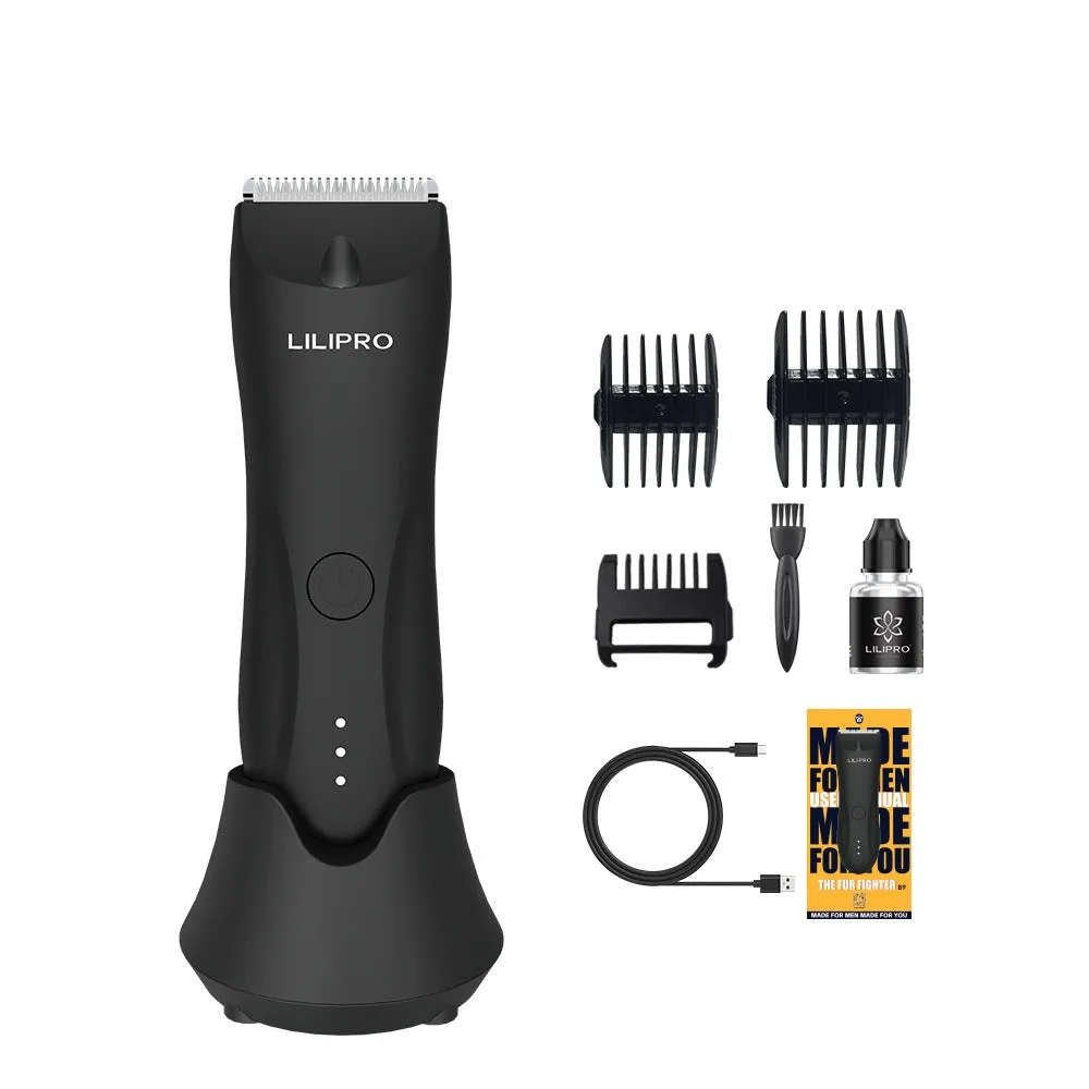 Black home waterproof electric hair clipper by LILIPRO for full-body hair removal with USB charging and limit combs