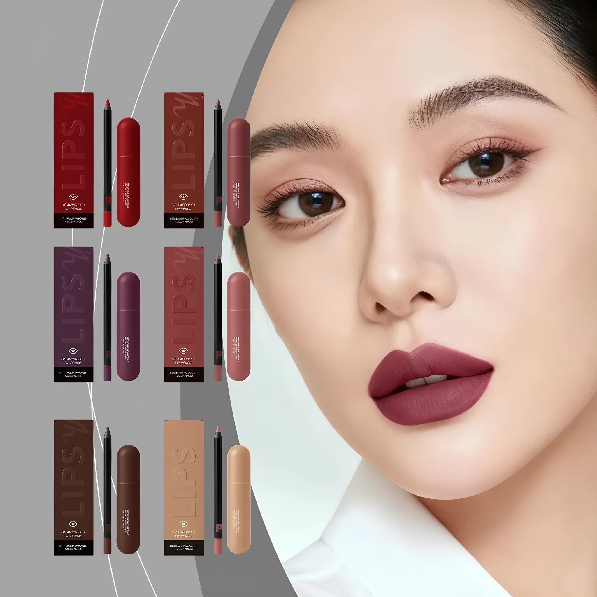 Lip gloss and lip liner duo set with 15ml lip essence and liner in six shades