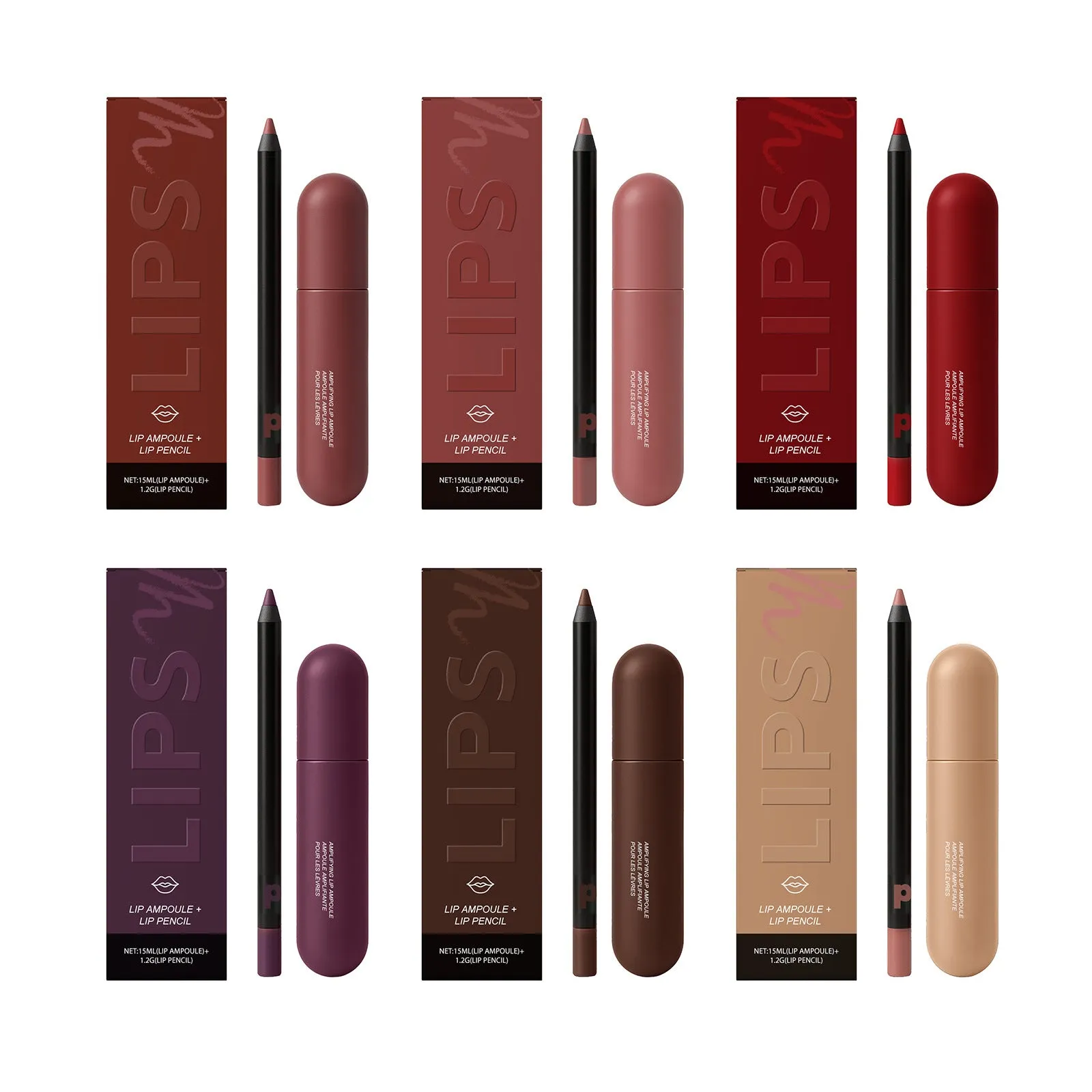 Lip gloss and lip liner duo set with 15ml lip essence and liner in six shades