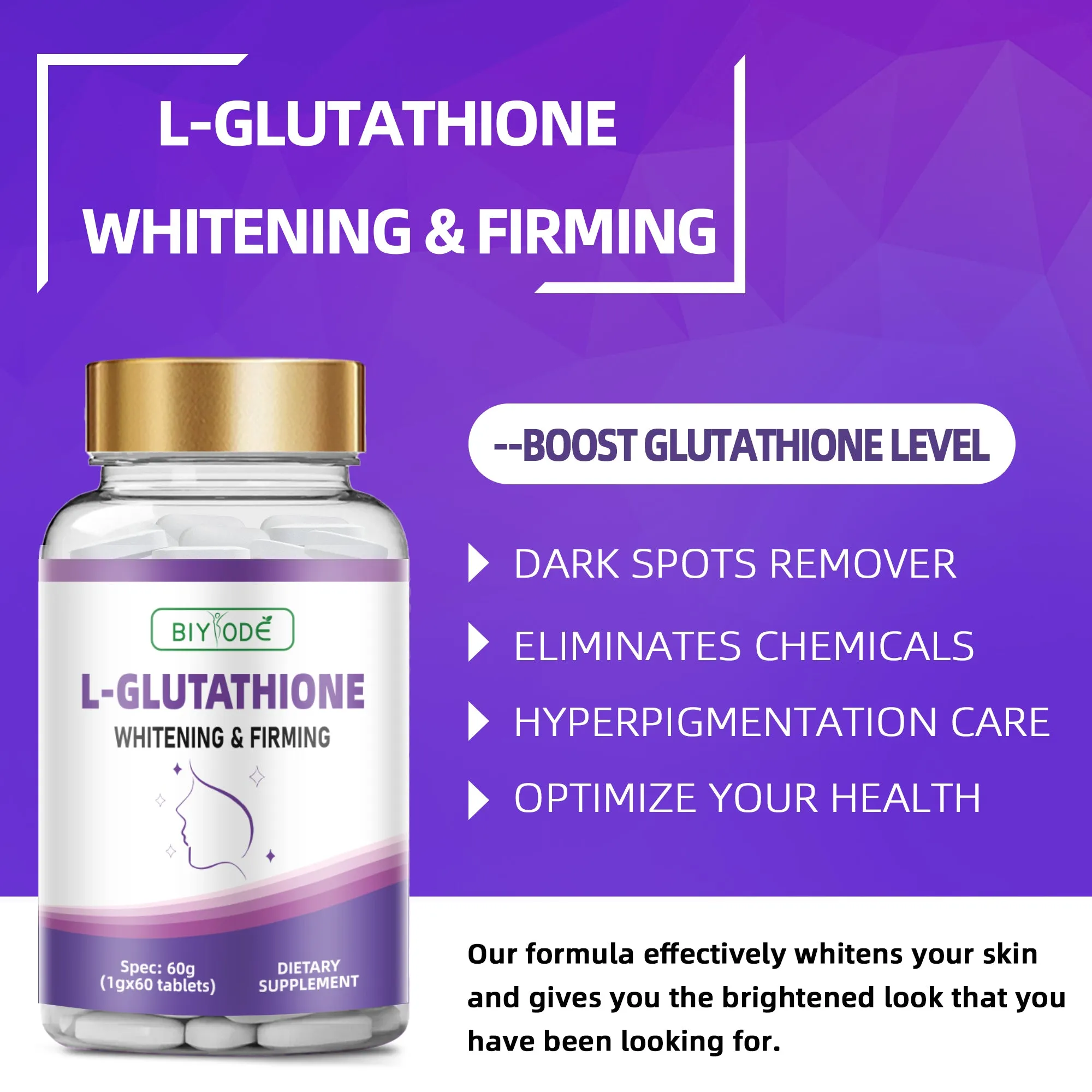 Biyode L-Glutathione tablets 60 tablets bottle original flavour skin whitening supplement