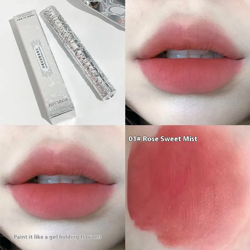 White matte case Velvet Mist Lip Mud Lipstick showing six colour shades