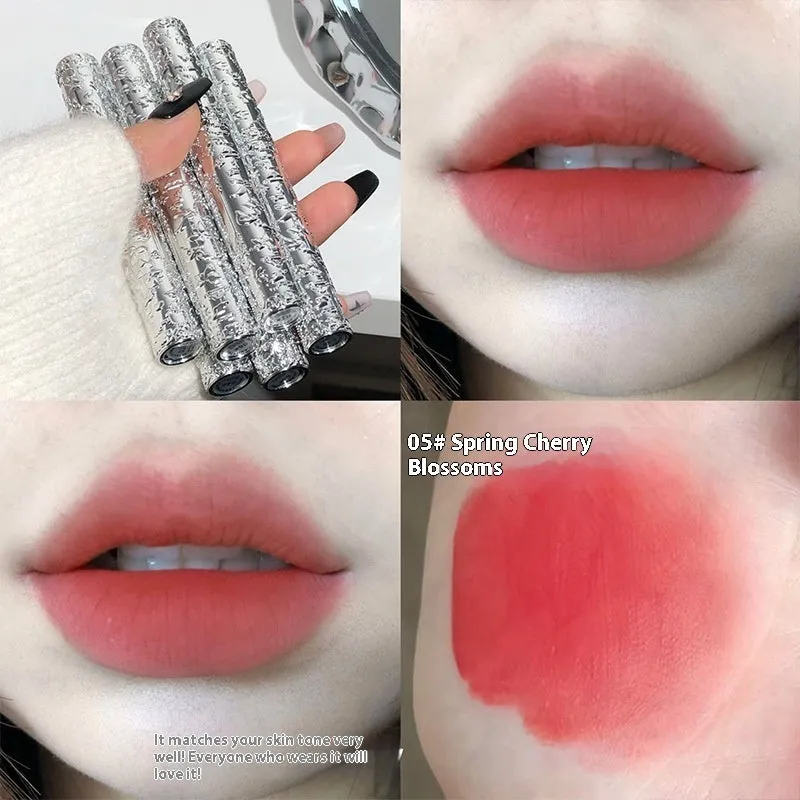 White matte case Velvet Mist Lip Mud Lipstick showing six colour shades