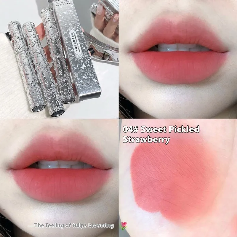 White matte case Velvet Mist Lip Mud Lipstick showing six colour shades