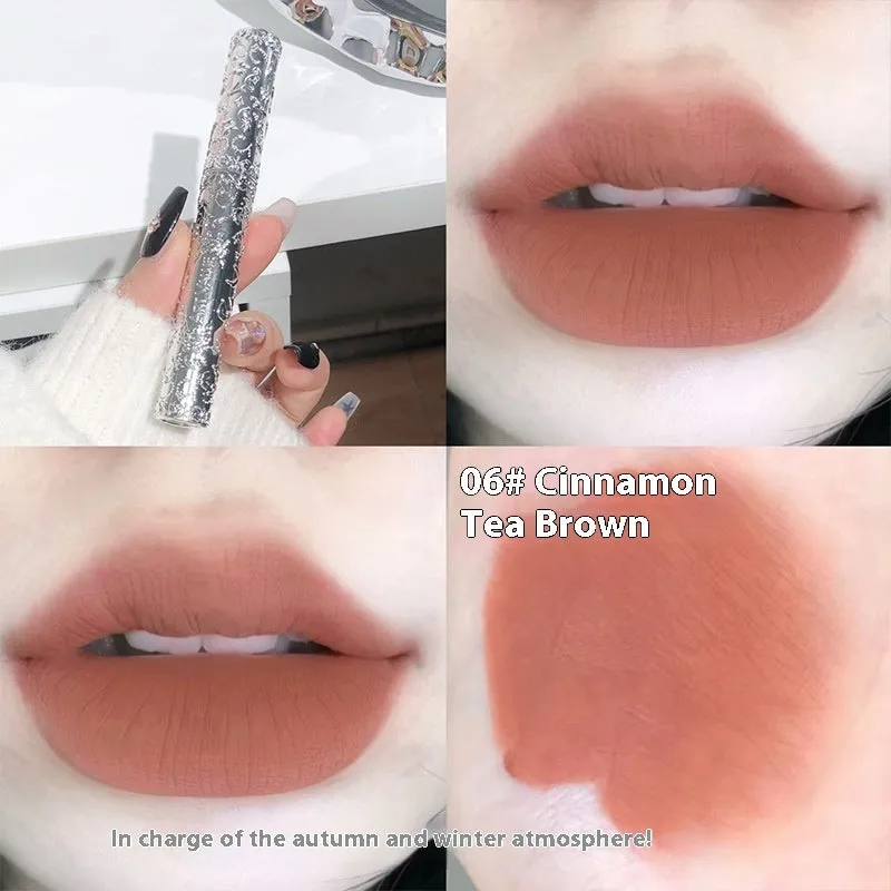 White matte case Velvet Mist Lip Mud Lipstick showing six colour shades