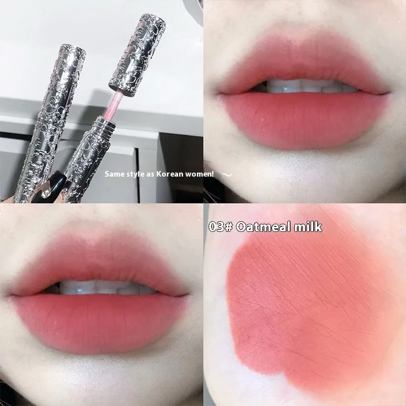 White matte case Velvet Mist Lip Mud Lipstick showing six colour shades