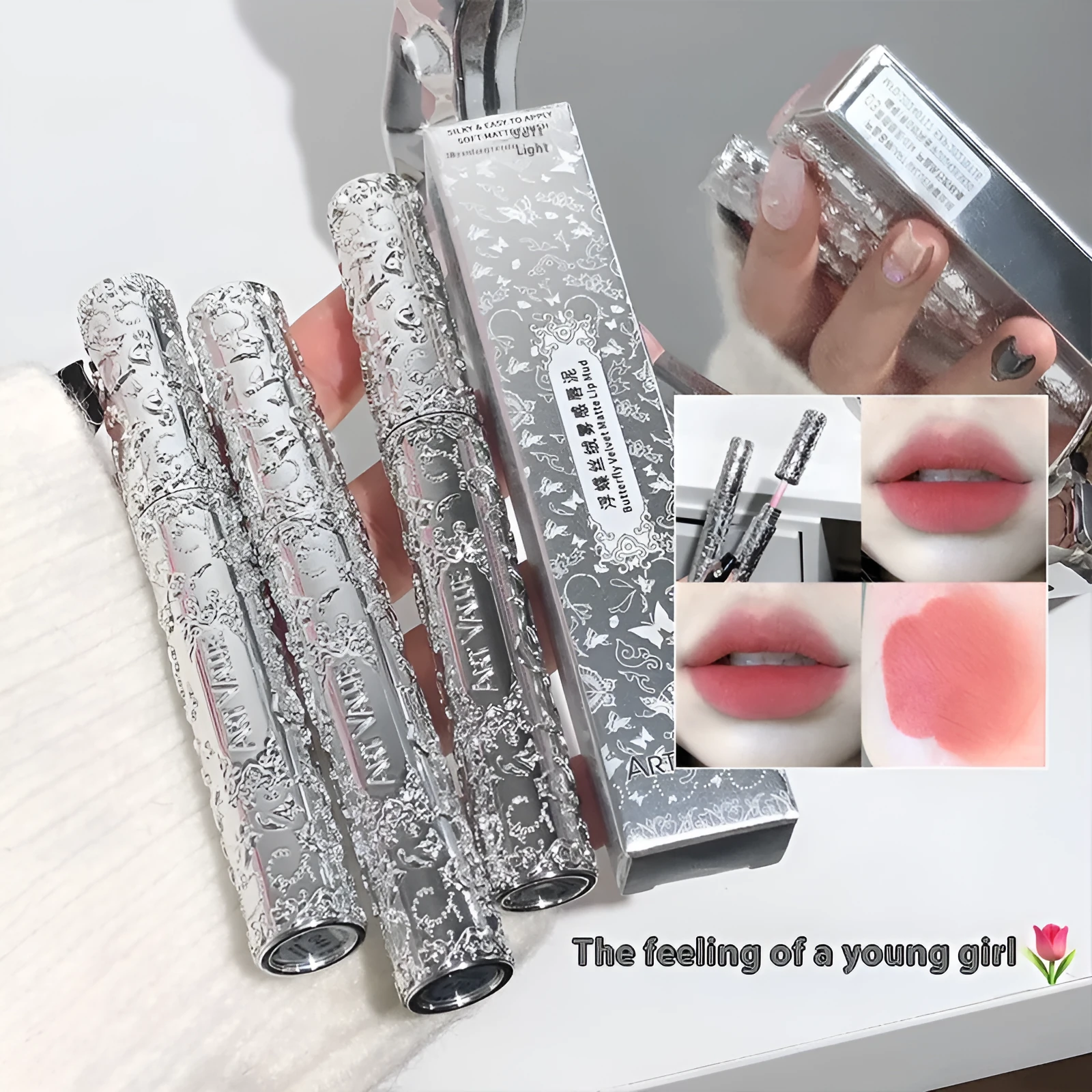 White matte case Velvet Mist Lip Mud Lipstick showing six colour shades