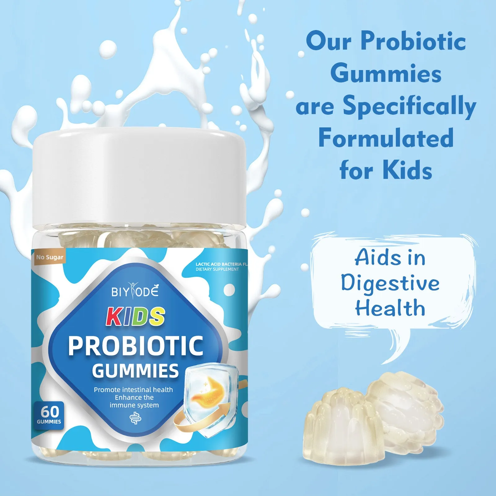Bottle of children probiotics gummies with vitamins for digestion and immunity, 60 count