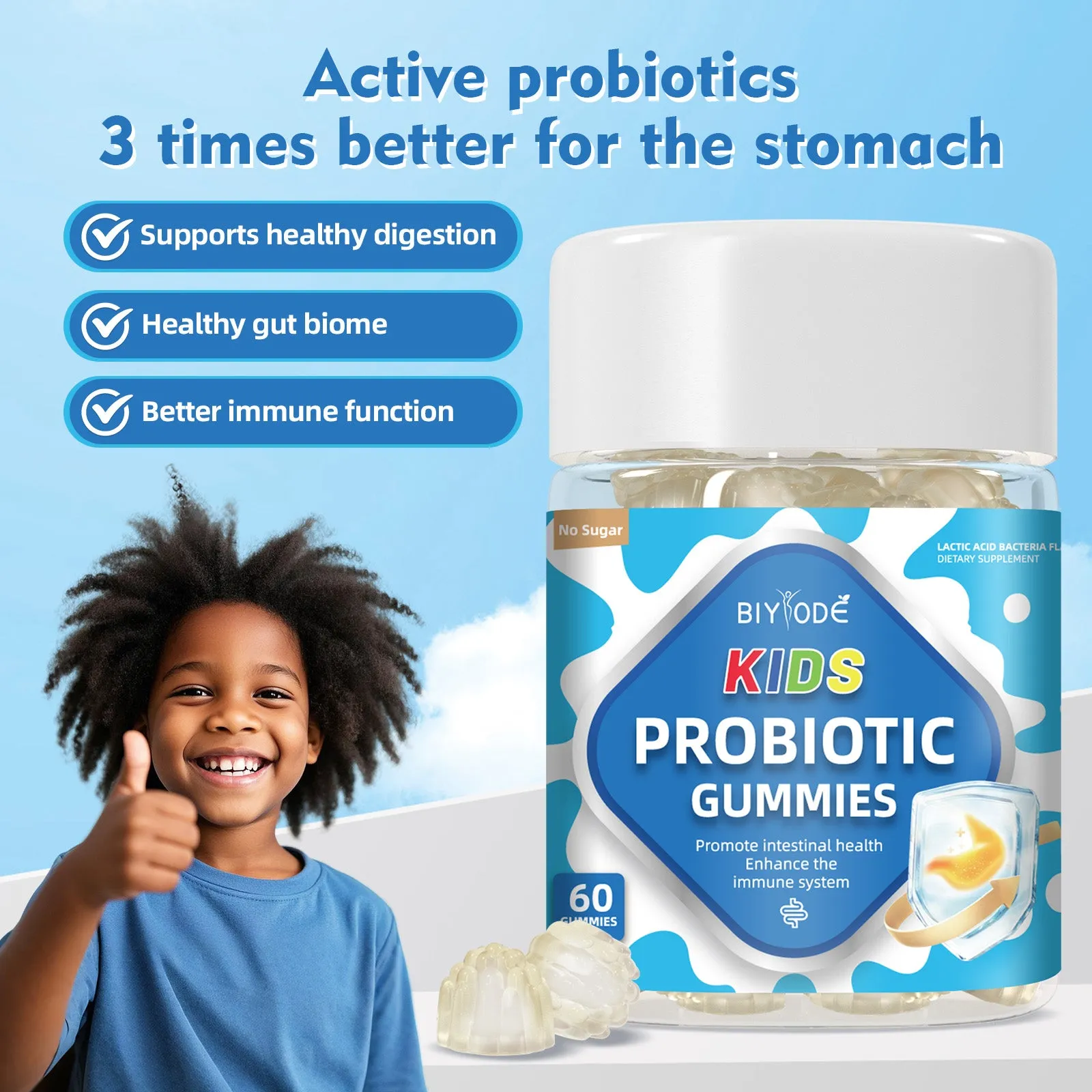 Bottle of children probiotics gummies with vitamins for digestion and immunity, 60 count