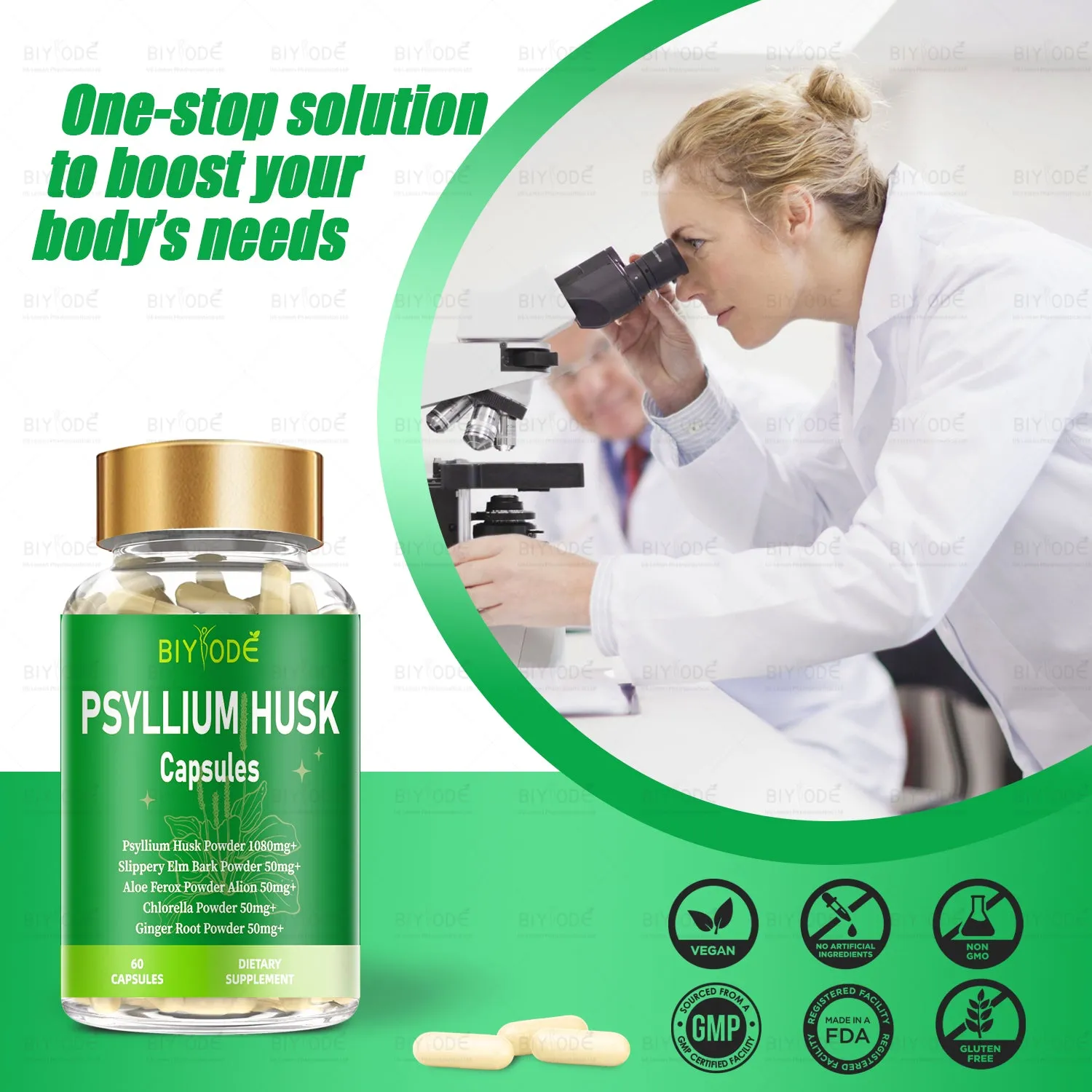 Psyllium husk powder capsules in a bottle with 60 count, natural fibre supplement for digestive health