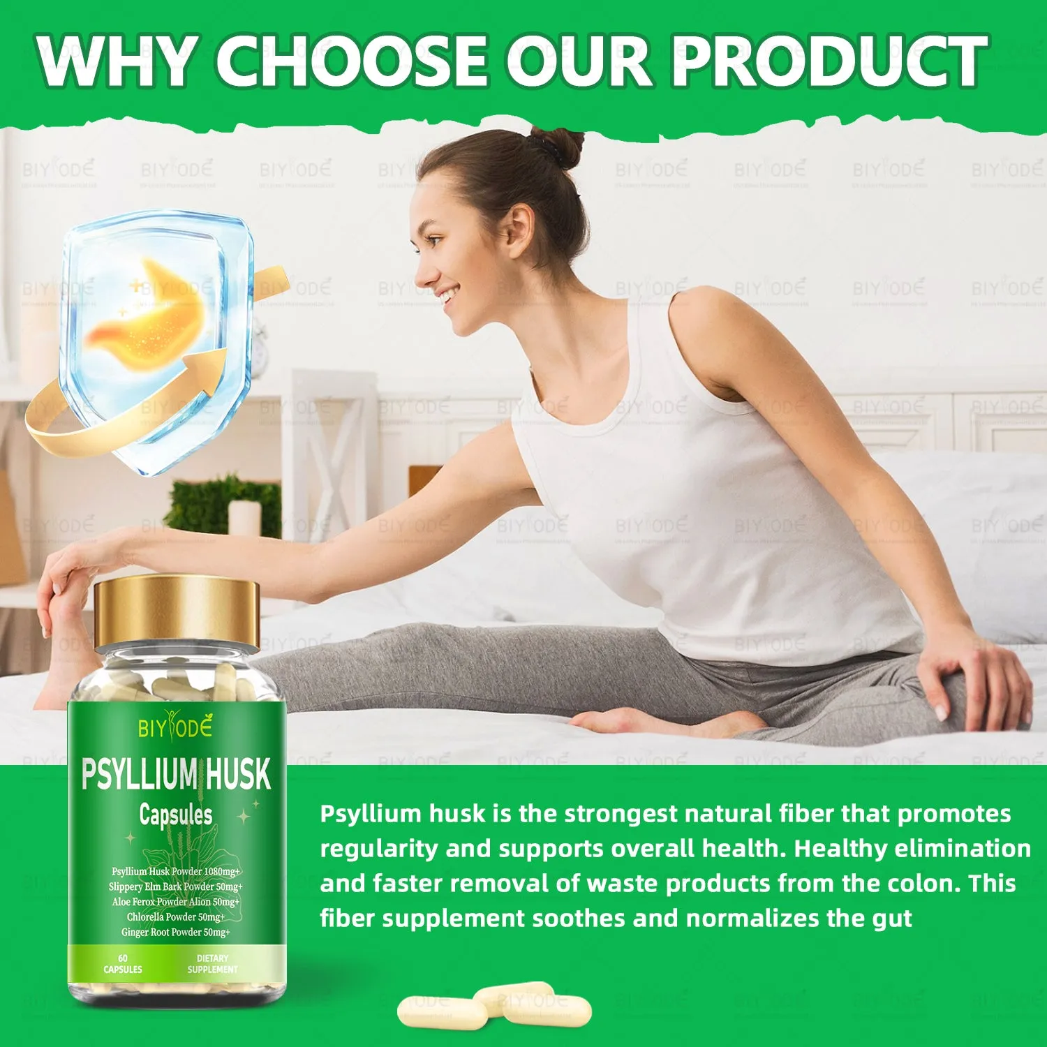 Psyllium husk powder capsules in a bottle with 60 count, natural fibre supplement for digestive health