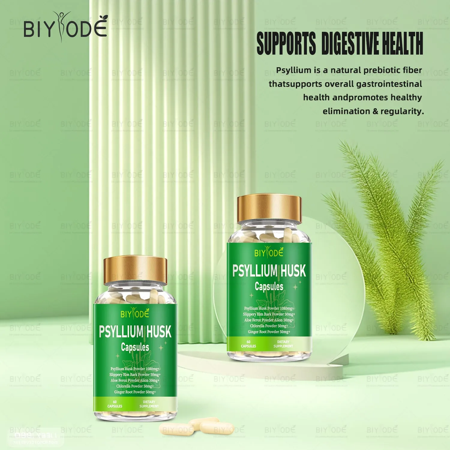 Psyllium husk powder capsules in a bottle with 60 count, natural fibre supplement for digestive health