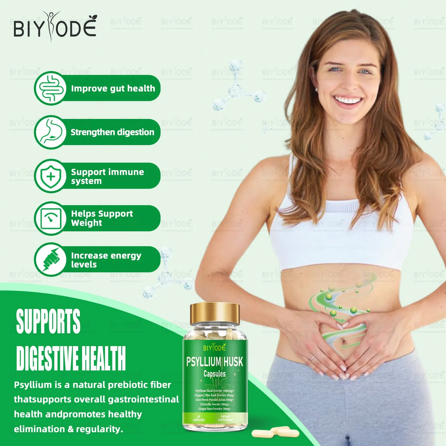 Psyllium husk powder capsules in a bottle with 60 count, natural fibre supplement for digestive health
