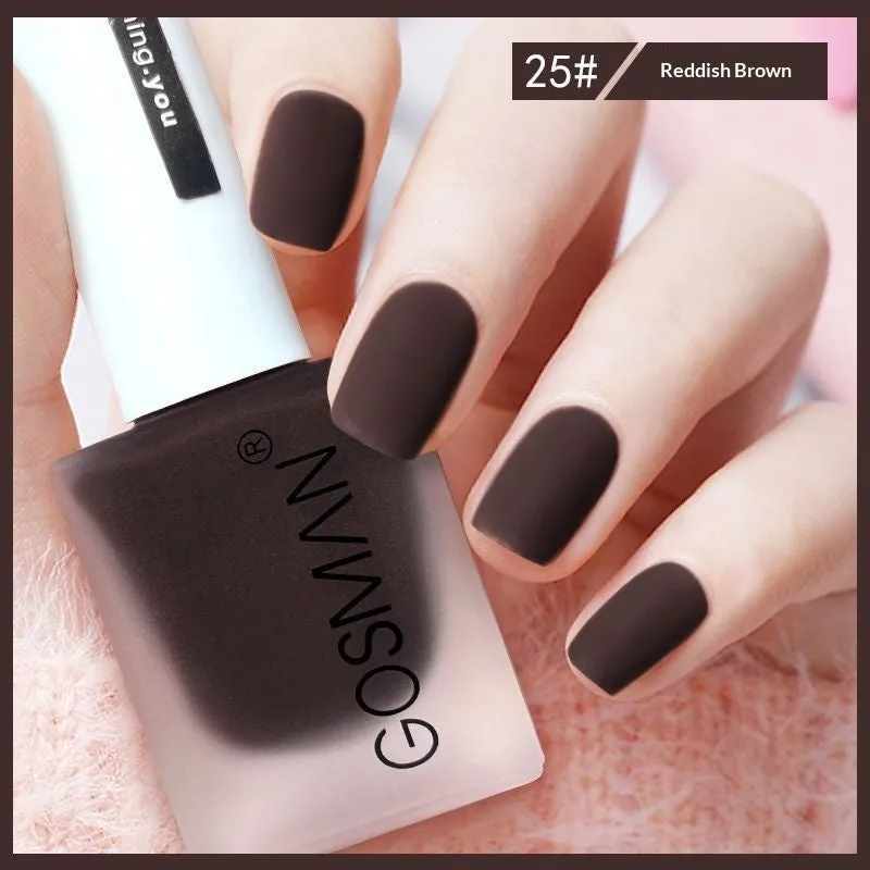 13ml quick-dry matte nail polish bottle with non-peel formula in 46 colour shades including matte black and ox blood red